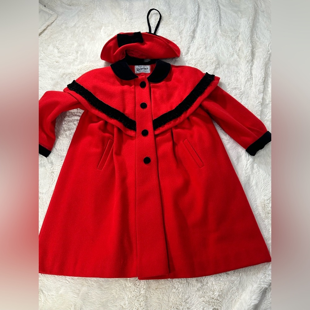 Vintage Rothschild Red Wool Jacket And Hat Size 6 Velvet Bow Shawl Ruffle